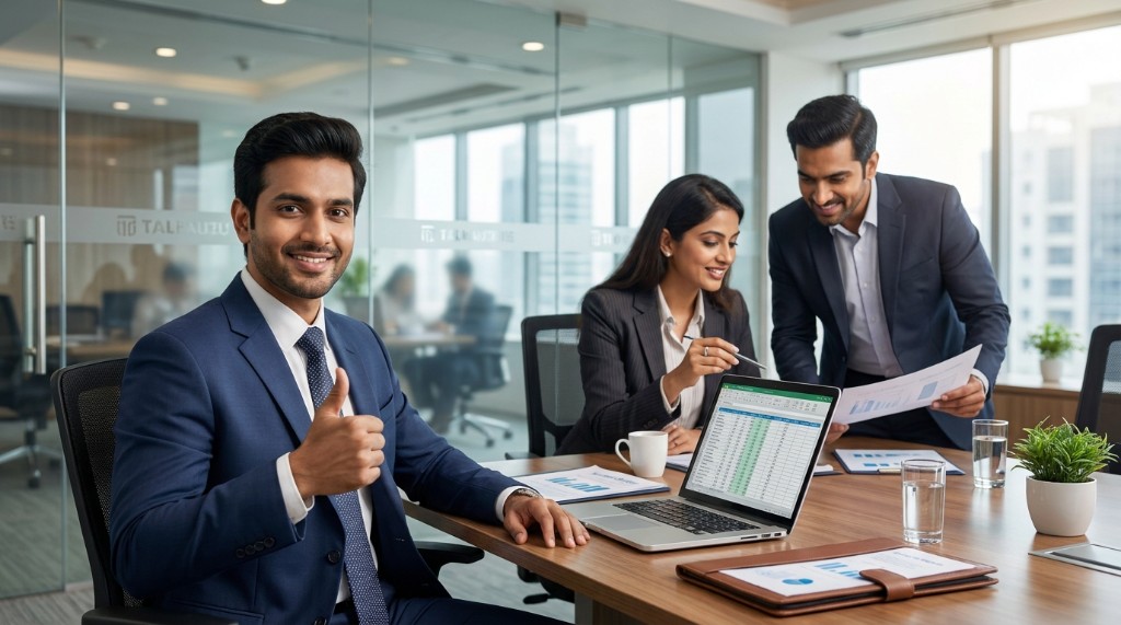 Alpha Tax Consultants team collaborating in a modern office with financial reports